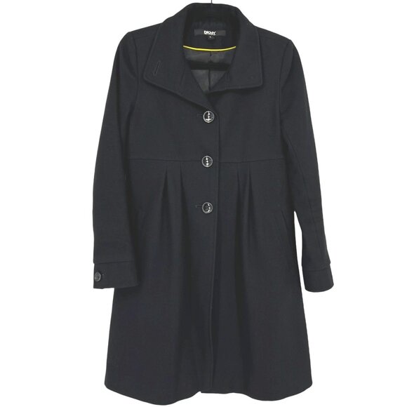 DKNY Wool Blend Peplum Style Mid-Length Classic Coat Black Size 2 - Picture 1 of 12